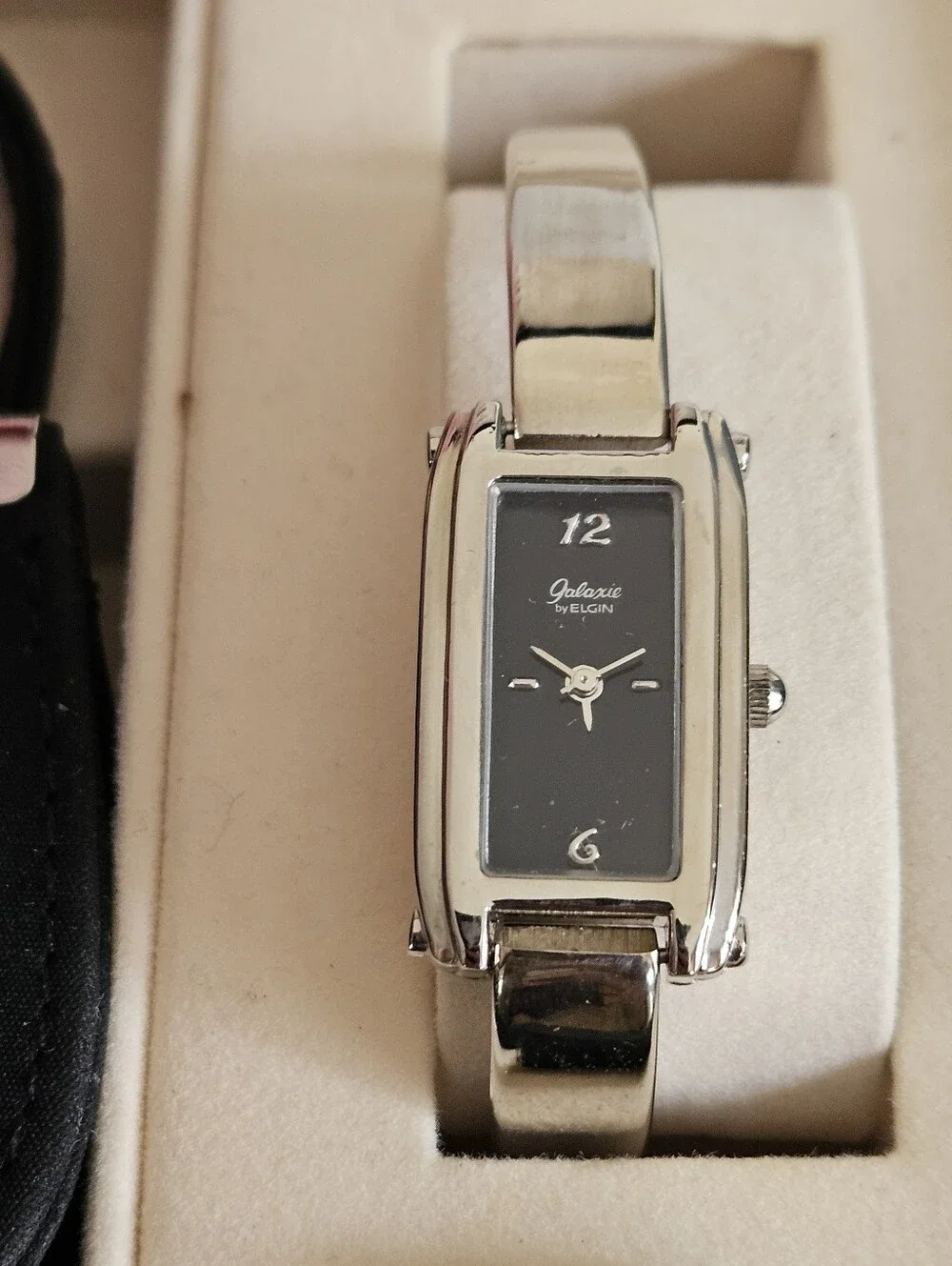 Vintage Galaxie By Elgin Ladies Watch Gift Set Black Purse Clasp Box Tag 1980s.